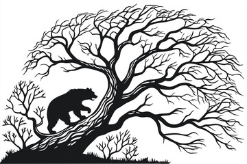 63 Silhouette of bear climbing tree, intricate bare branches, twisted gnarled tree trunk, black and white illustration, high contrast, Gothic style, dramatic composition, nature art, wildlife silhouet
