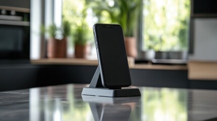 Modern black phone stand on kitchen countertop with bright daylight and greenery in the background

