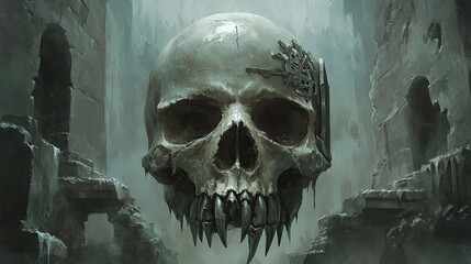 Grim skull amidst ruins