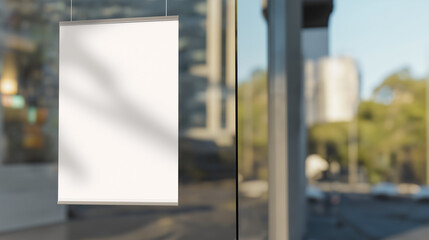 Outdoor Flyer Display Mockup hanging in a shop window with blank space, sleek and professional design