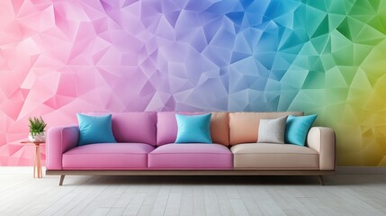 Colorful geometric pattern wallpaper complements a pastel sofa.