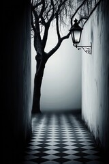 Mysterious alleyway,  foggy,  dark,  tree,  lantern