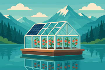 Fototapeta premium The ag-tech landscape is flat and features PV rafts, tomato vines, and snowy peaks