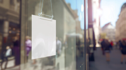 Outdoor Flyer Display Mockup hanging in a shop window with blank space, elegant and contemporary design