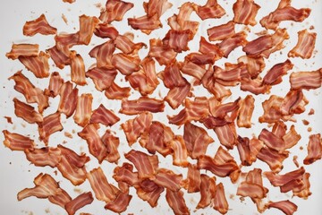 A chaotic mass of cooked bacon in mid-air, white background , movement, bacon
