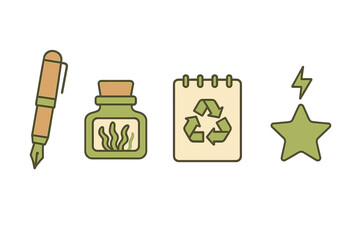 Icons representing writers and the environment connect the symbols of a pen, bottle, pad, and star