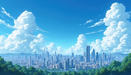 Naklejka premium Cityscape panorama of modern metropolis with skyscrapers. Sunny daytime, blue skies, clouds. Urban view with highrise buildings, streets, parks. Travel, tourism, business, office buildings, downtown