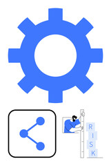 Gear symbol for settings or process, network connection icon for sharing, person building risk blocks to assess stability. Ideal for strategy, workflow, communication, teamwork, innovation