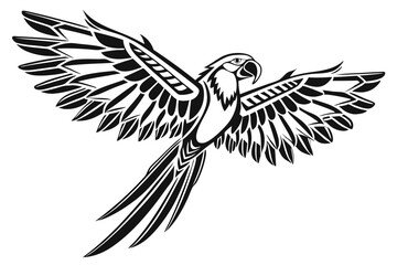 64 Black and white illustration, stylized parrot, macaw silhouette, spread wings, tribal design, symmetrical bird artwork, graphic tattoo style, bold contrast, minimalist avian form, feather details, 