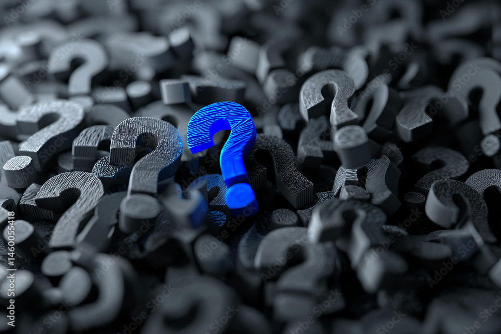 Poster Blue question mark stands out among many gray question marks, symbolizing unique solution or finding answers amidst uncertainty
