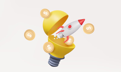 Open yellow light bulb rocket launch investment trade startup target creative idea technology invention new innovation in future education finance budget money support product. 3d vector illustration
