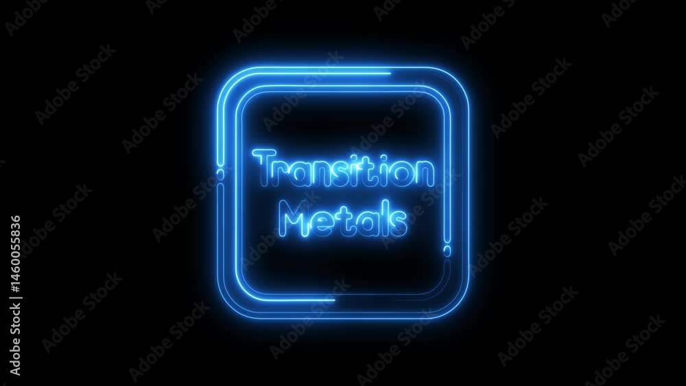 Poster animated transition metals text inside blue neon rounded square frame on black background