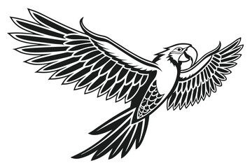 64 Black and white illustration, stylized parrot, macaw silhouette, spread wings, tribal design, symmetrical bird artwork, graphic tattoo style, bold contrast, minimalist avian form, feather details, 