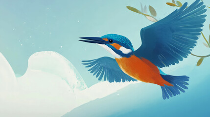 A vibrant kingfisher, illustrated with a brilliant blue back and head and a bright orange breast, is depicted in mid-flight against a stylized light blue sky with white cloud-like shapes and green lea