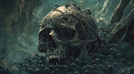 Decaying skull amidst a swarm of creatures.  A macabre scene