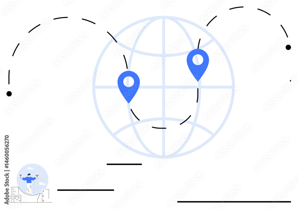 Aufkleber abstract globe with two blue location pins connected by dashed lines. ideal for global business, com