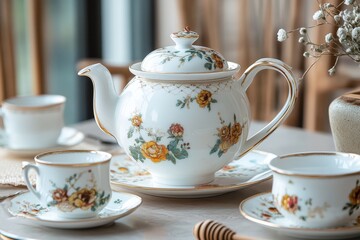 Vintage floral porcelain teapot and teacups on elegant wooden table set for afternoon tea