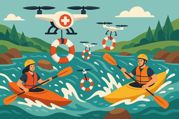 The rescue-tech scene is flat and features lifebuoy drones, kayaks, and whitewater