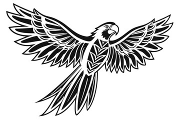 64 Black and white illustration, stylized parrot, macaw silhouette, spread wings, tribal design, symmetrical bird artwork, graphic tattoo style, bold contrast, minimalist avian form, feather details, 