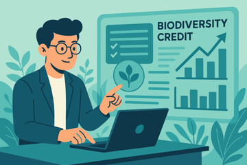 Naklejka premium The financial landscape is depicted as a flat green scene that features hologram trees, credit coins, and an analyst