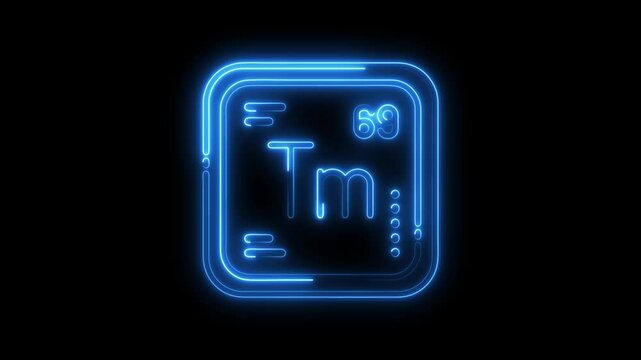 Neon glowing periodic table element thulium tm on black background for science and education