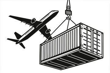 65 Large silhouette airplane, cargo container suspended, black and white illustration, high contrast, bold graphic design, side view, commercial aircraft, air freight, logistics concept, minimalist st