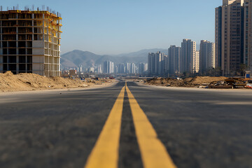 Obraz premium Urban development road stretching into the distance, featuring construction on the left and buildings ahead, set against a backdrop of mountains under clear skies.