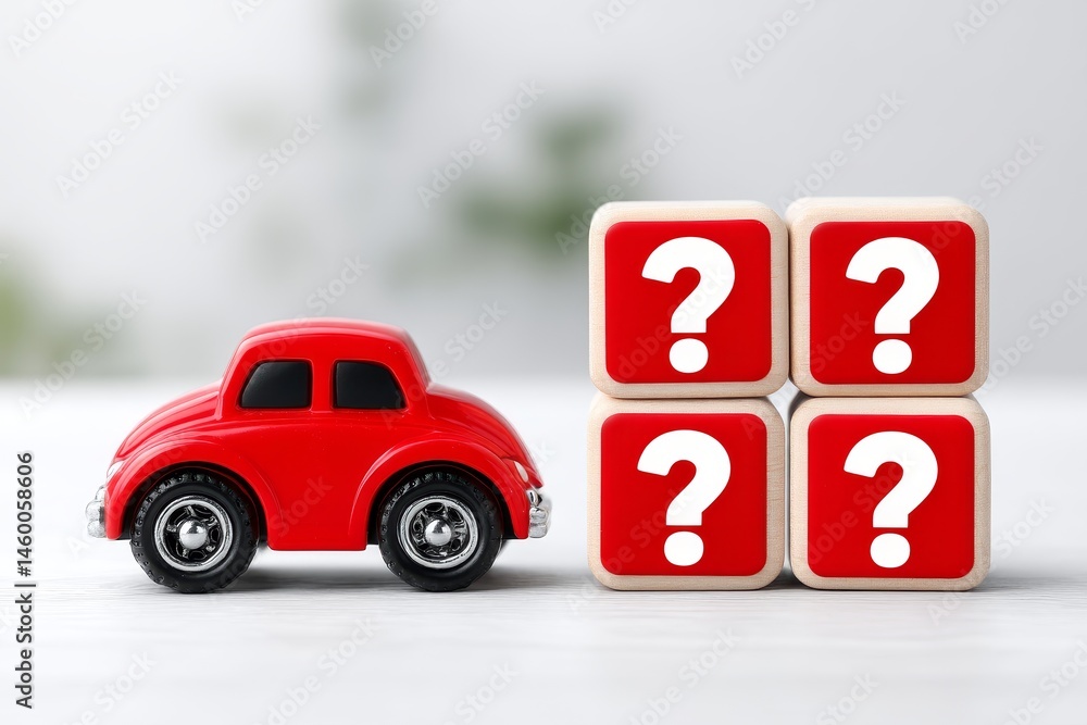 Poster red car and question blocks - a red toy car sits next to four blocks with question marks, symbolizin