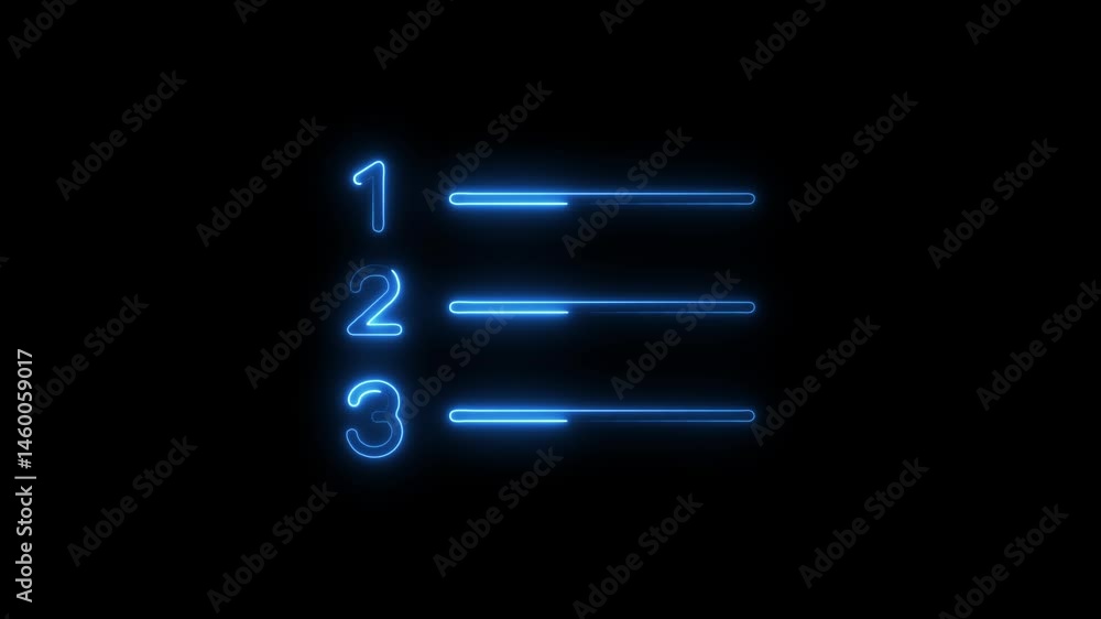 Poster neon list animation numbered steps process infographic template on dark background
