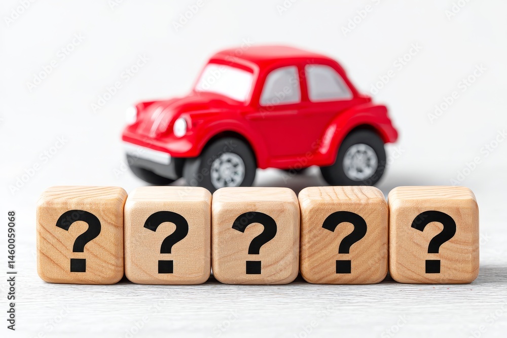 Poster red toy car and question blocks - a red toy car sits behind wooden blocks displaying question marks.