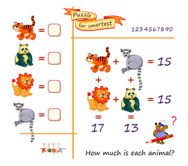 Mathematical logic puzzle game for smartest. How much is each animal? Solve examples and write the numbers. Find solution for all equations. Brain teaser book. Count and play. Educational vector page