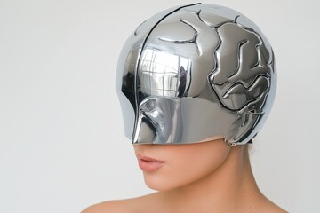 Woman wearing a futuristic chrome helmet shaped like a human brain, reflecting modern technology and artificial intelligence concepts.
