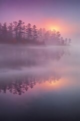 Vibrant rainbow fog drifts over still lake water  Soothing colors reflect tranquility ,  landscape,  serenity,  vibrant hues
