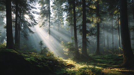 Obraz premium Sunbeams pierce misty forest, illuminating mossy ground