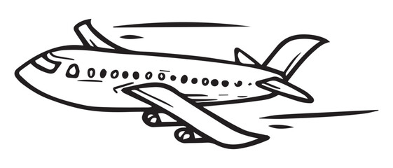 Hand-drawn illustration vector of a commercial airplane in flight. Minimalist black and white sketch style, perfect for aviation, travel, airline, transportation, and adventure-themed designs
