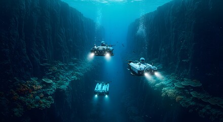 Submersible Underwater Exploration Three Vessels Navigating a Deep-Sea Canyon, Coral Reefs in Ocean.