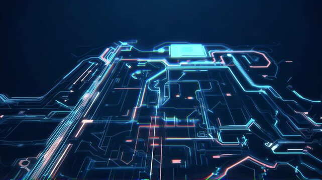 On a dark blue background, an abstract glowing circuit resembles a microchip board. Electronic lines, neon tracks, and bright nodes create a technological, digital, and futuristic atmosphere.