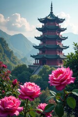 Ancient Chinese pagoda, vibrant pink roses blooming in foreground , spring, flowers
