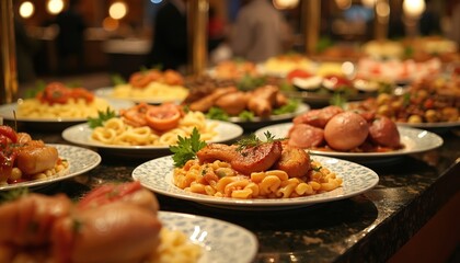 Obraz premium Delicious dishes arranged at buffet table. Various types of meat, pasta, salads, appetizers. Served food for corporate event, party, wedding reception. Plates with prepared food on table, banquet