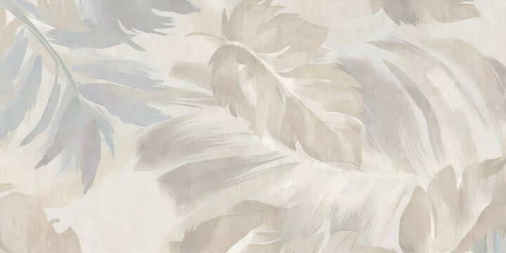Artistic brushstroke patterns form abstract leaves in neutral beige and light grey tones