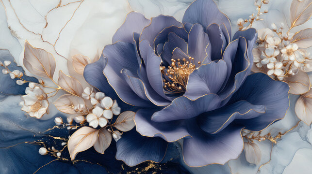 Elegant decorative purple flower with golden details and light marbel background in 3D oil painting style for modern interior and digital wallpaper design