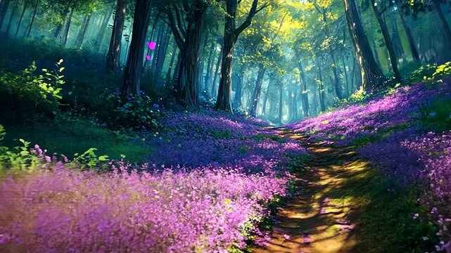 Magical forest path filled with flowers.