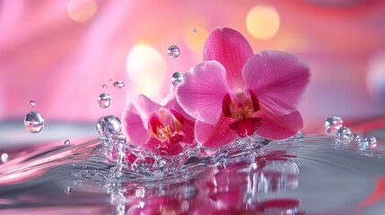 Orchid flower with water droplets and splash on pink background in spa wellness concept design