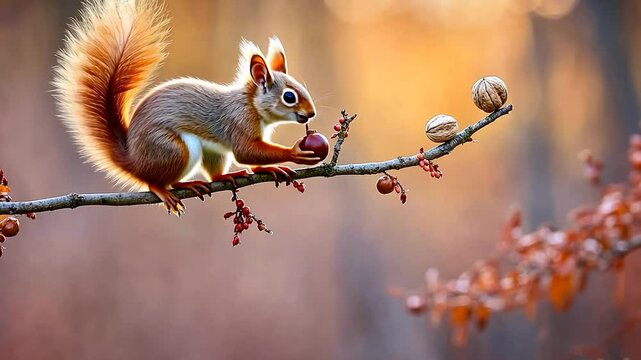 Red squirrel eating nut on branch.