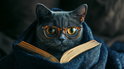 Funny black cat wearing glasses and reading book in cozy humorous pet themed photo composition