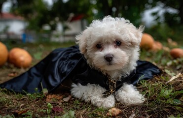 Cute Bichon Frise Dog in Witch Costume Outdoors