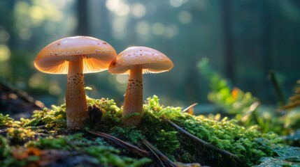 Fototapeta premium Two mushrooms growing on mossy forest floor with soft light in peaceful nature woodland setting