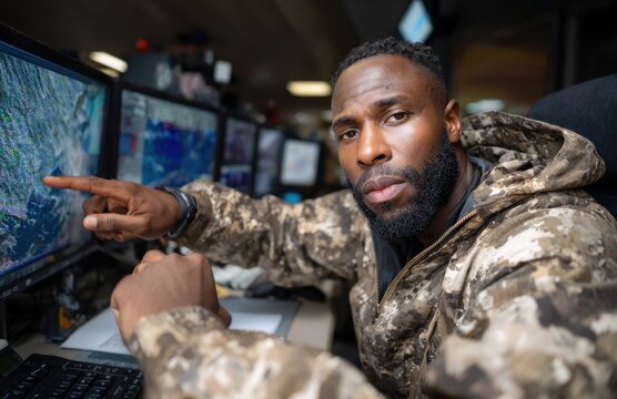 Black male military officer planning with team in command center