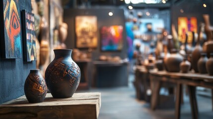 Art gallery with pottery on pedestals and paintings in bright artistic exhibition room interior