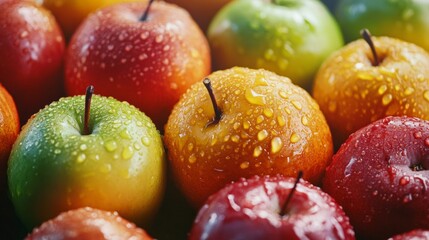 Fresh apples with water drops close-up in healthy fruit colorful organic food photography style